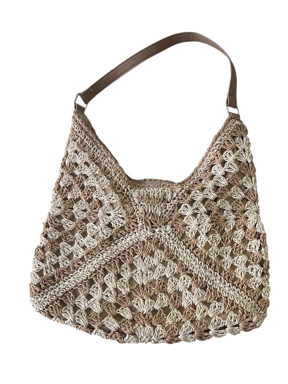 Woven Crochet Hobo Bag in Tan and Cream